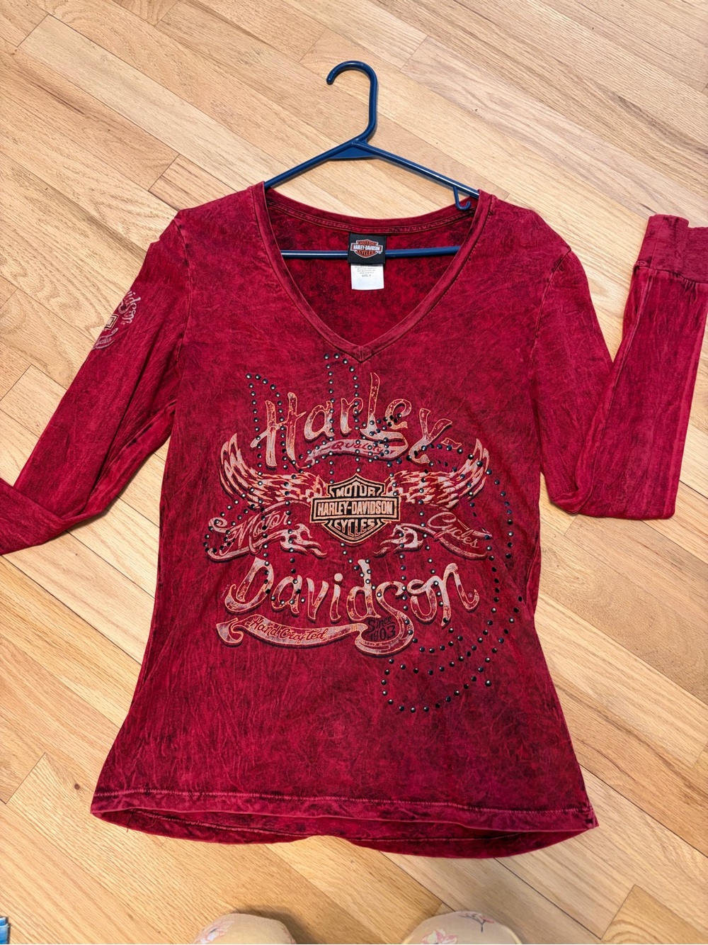 Harley-Davidson Women's Deep Red V-Neck Long Sleeve Graphic Top